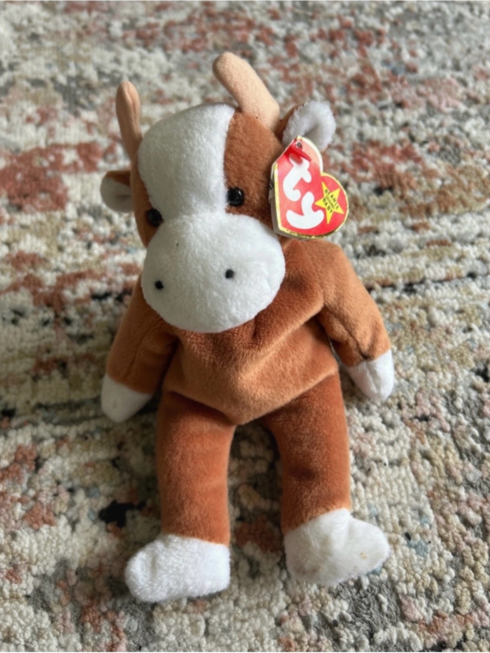Ty Brown and White Cow Beanie Plush with Heart Tag